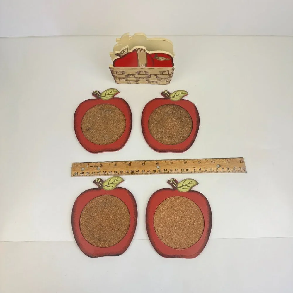 Vintage Set of 4 Red Apple Shape Coasters Wood Cork in Apple Basket Holder Theme